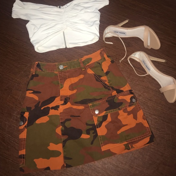 orange camo denim skirt